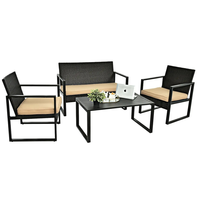 4 Pieces Patio Rattan Furniture Set with Seat Cushions and Coffee Table by DirectDeals