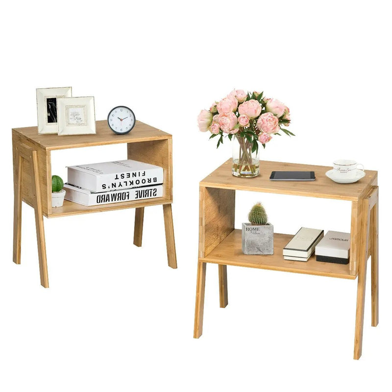 2 Pieces Bamboo Nightstand Sofa Table with Storage Shelf by DirectDeals