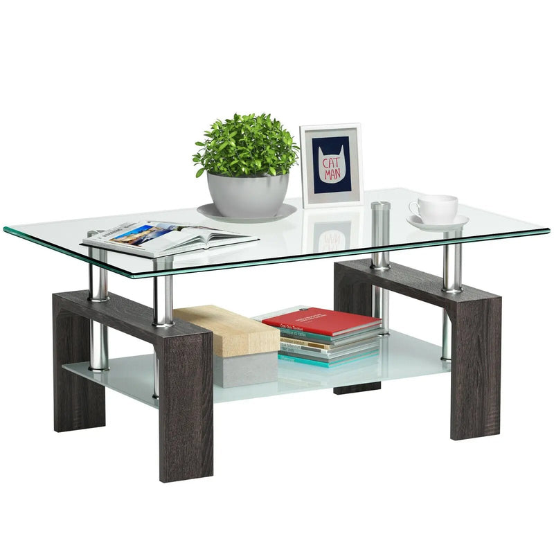 Rectangular Tempered Glass Coffee Table with Shelf by DirectDeals