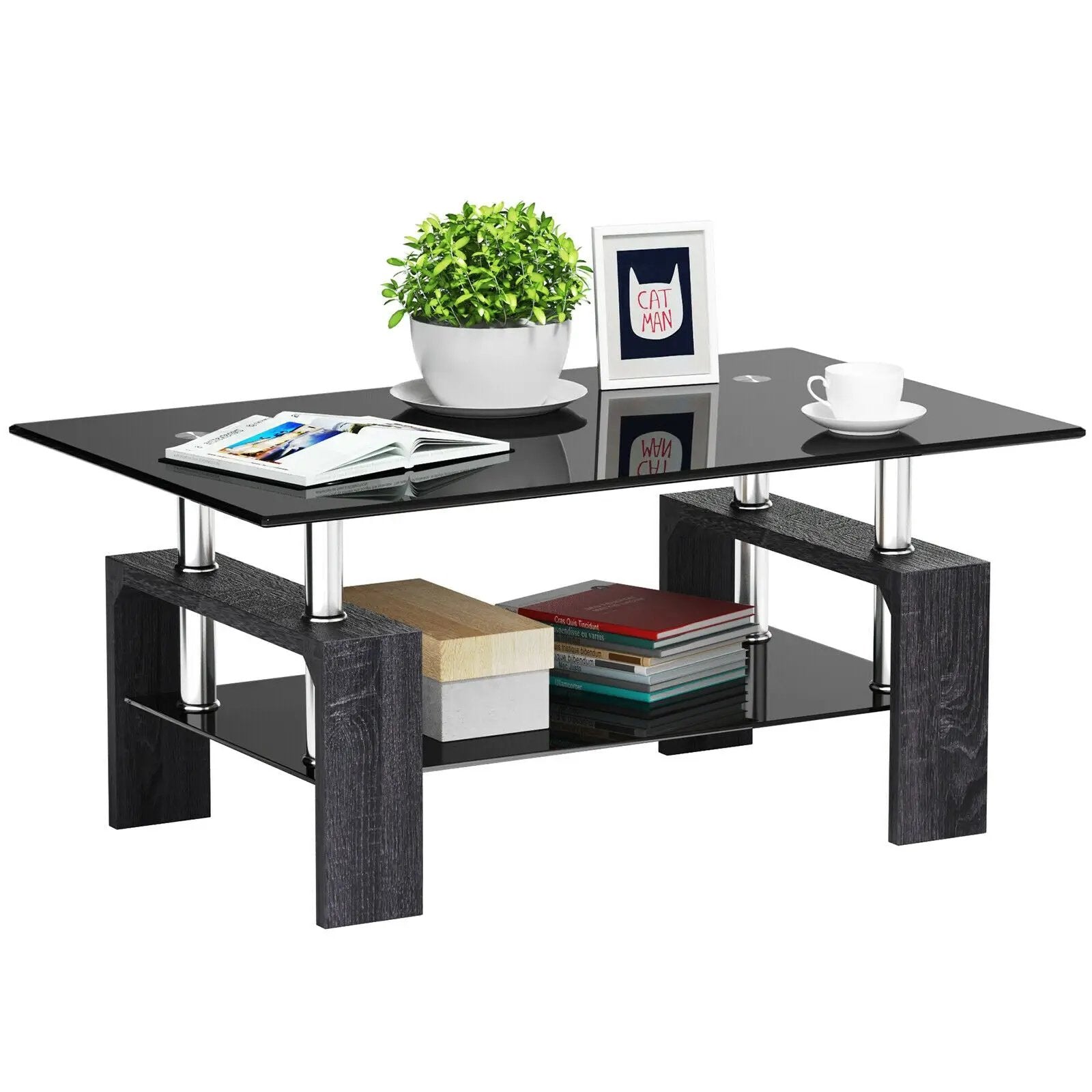 Rectangular Tempered Glass Coffee Table with Shelf by DirectDeals