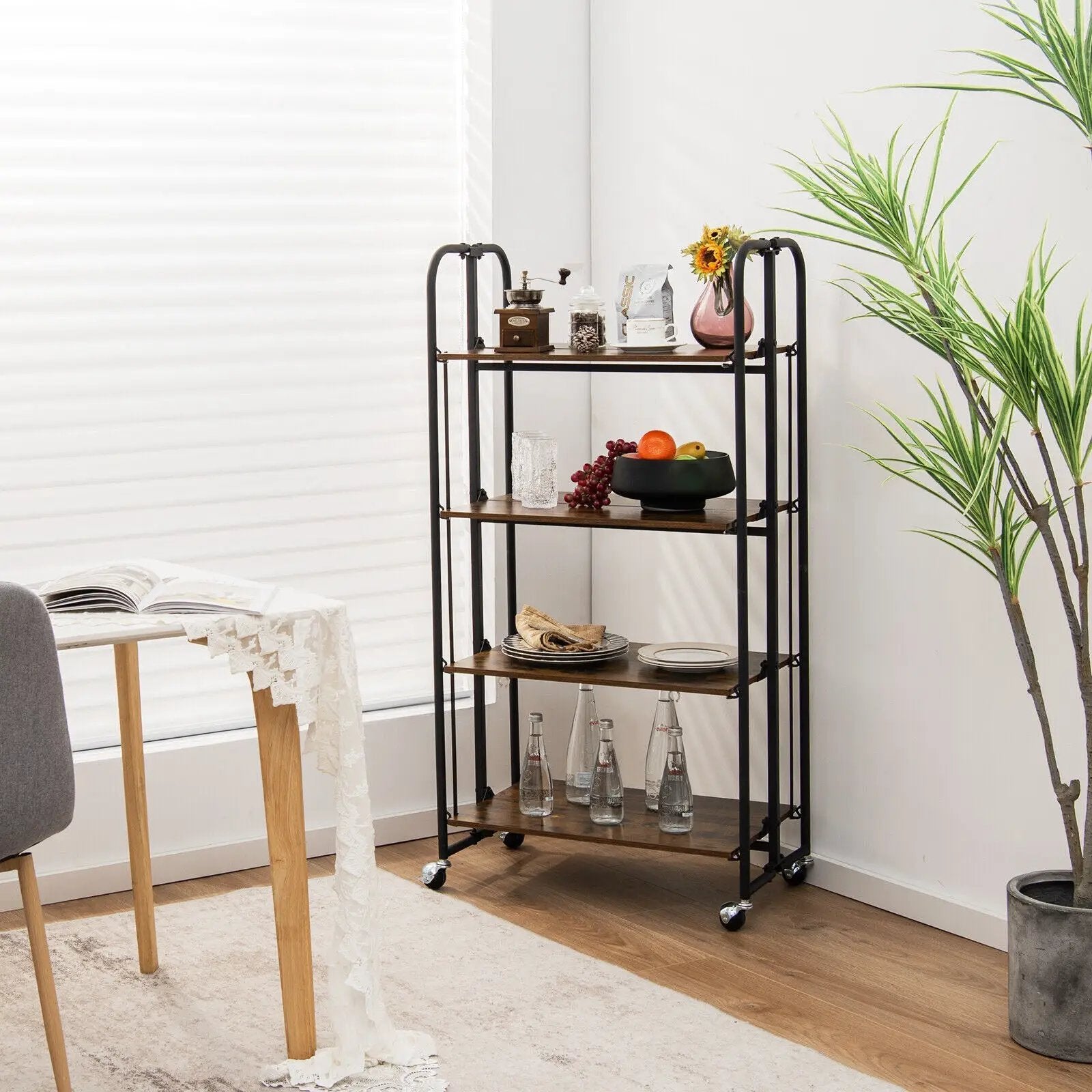 Foldable Rolling Cart with Storage Shelves for Kitchen-4-Tier by DirectDeals