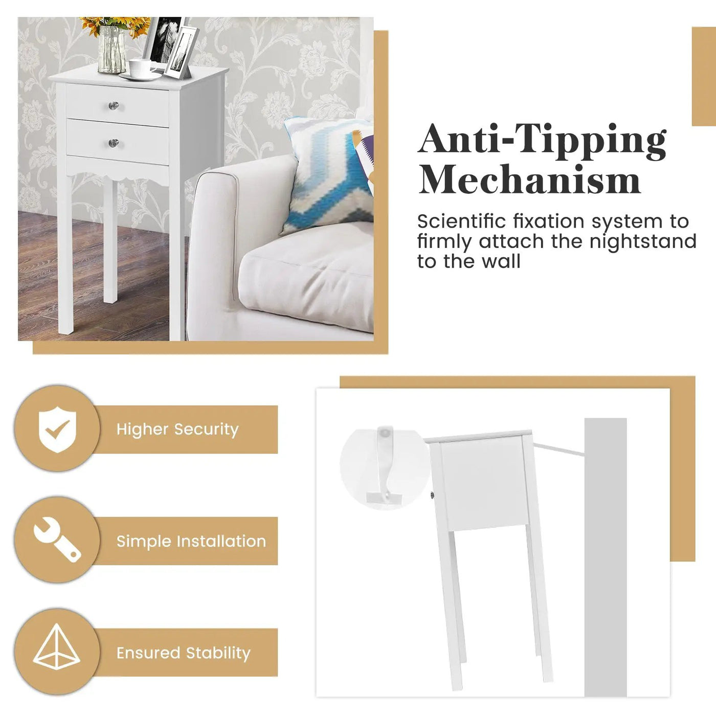 Side Table End Accent Table with 2 Drawers-White by DirectDeals