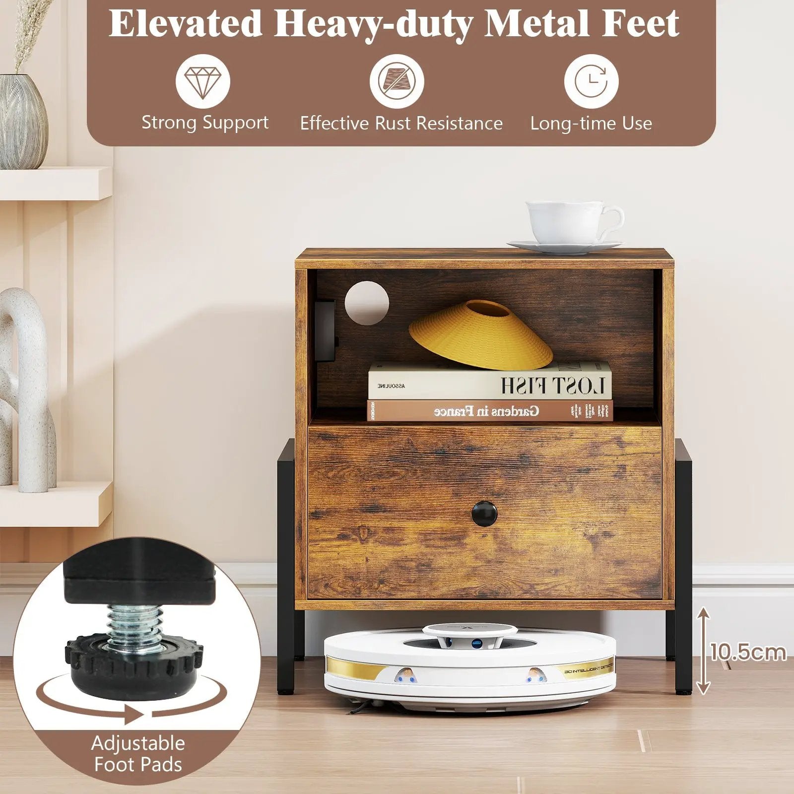 Nightstand with Charging Station and Drawer Sofa Side Table-Rustic Brown by DirectDeals