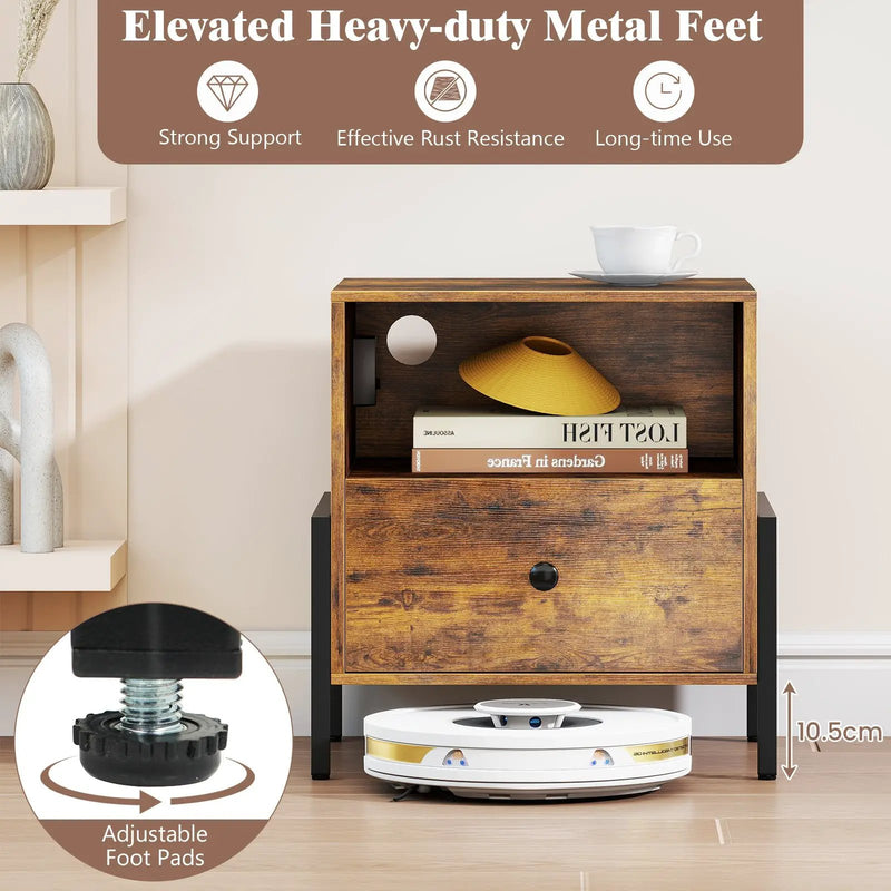 Nightstand with Charging Station and Drawer Sofa Side Table-Rustic Brown by DirectDeals