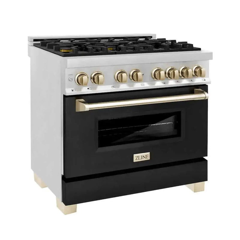 ZLINE 36" Autograph Dual Fuel Range, Black, Gold, RAZ-BLM-36-G by Farmhouse Kitchen and Bath