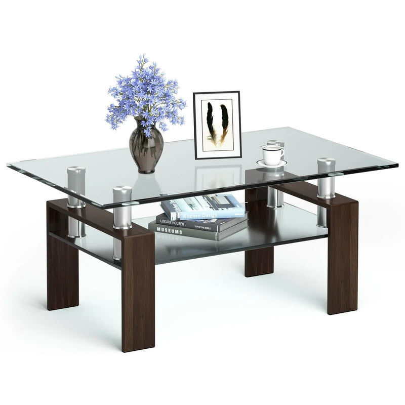 Rectangle Glass Coffee Table with Metal Legs for Living Room by DirectDeals