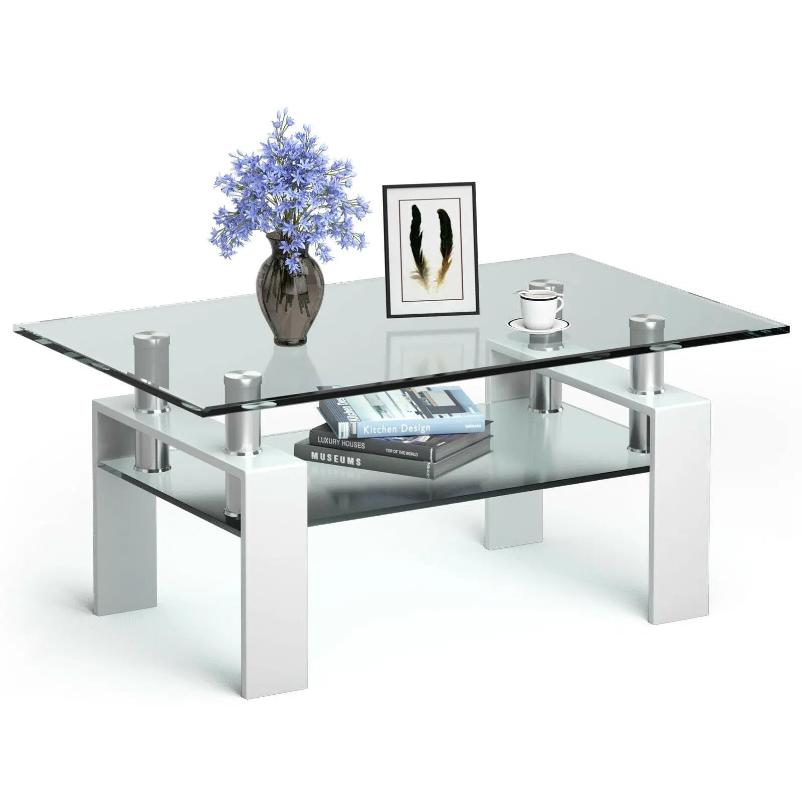 Rectangle Glass Coffee Table with Metal Legs for Living Room by DirectDeals