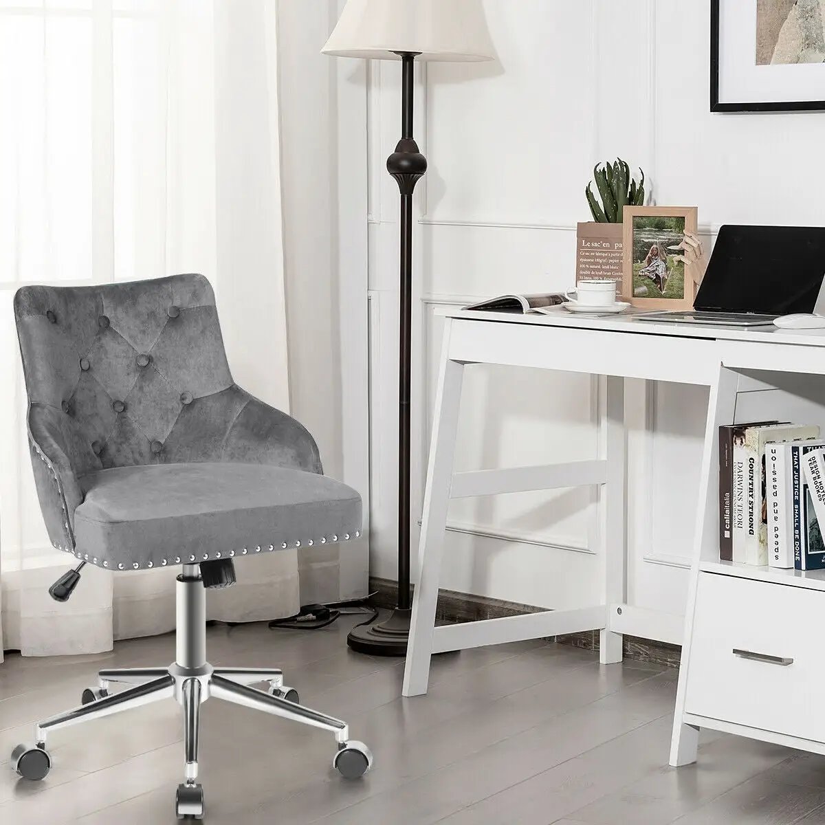 Tufted Upholstered Swivel Computer Desk Chair with Nailed Tri by DirectDeals