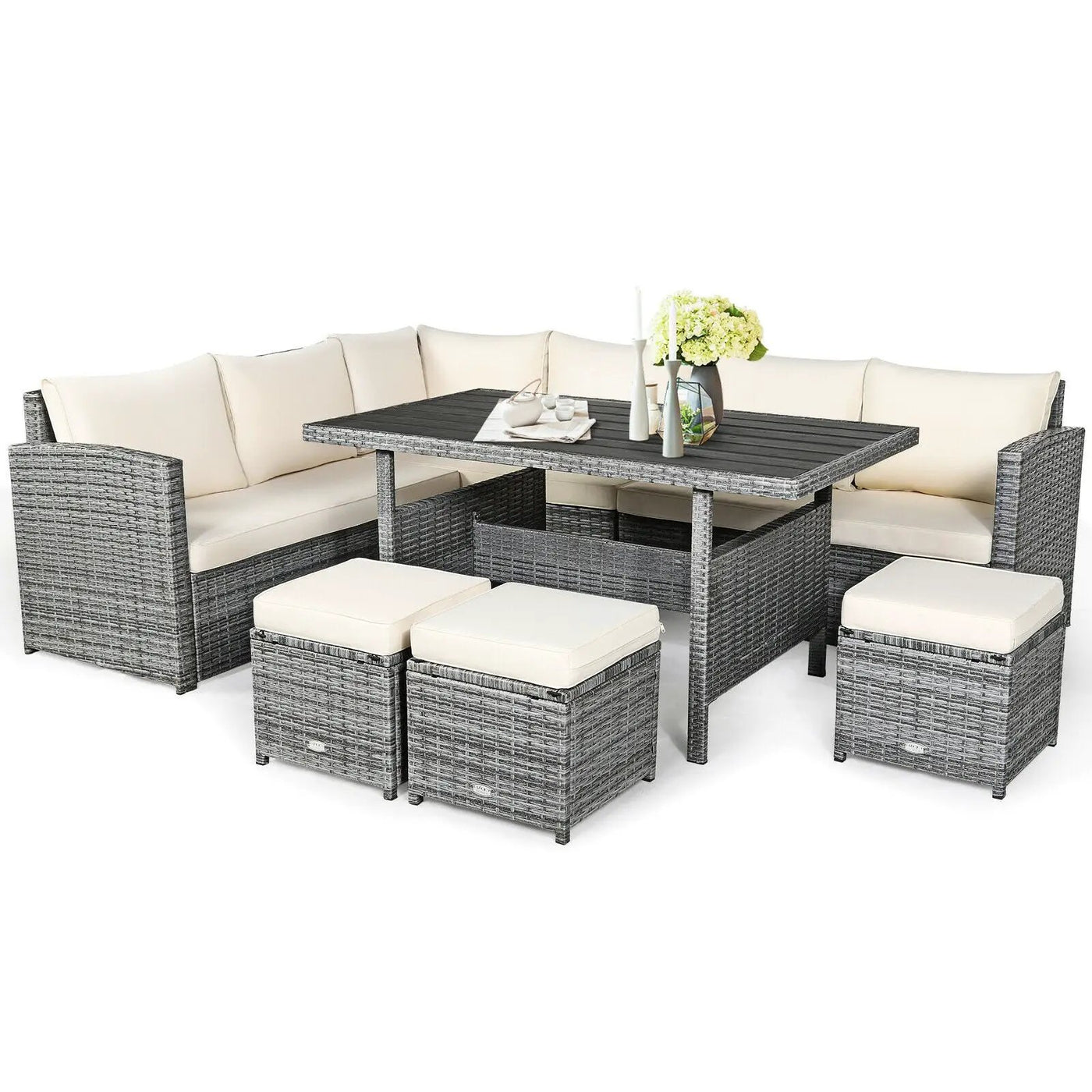 7 Pieces Patio Rattan Dining Furniture Sectional Sofa Set with Wicker Ottoman by DirectDeals