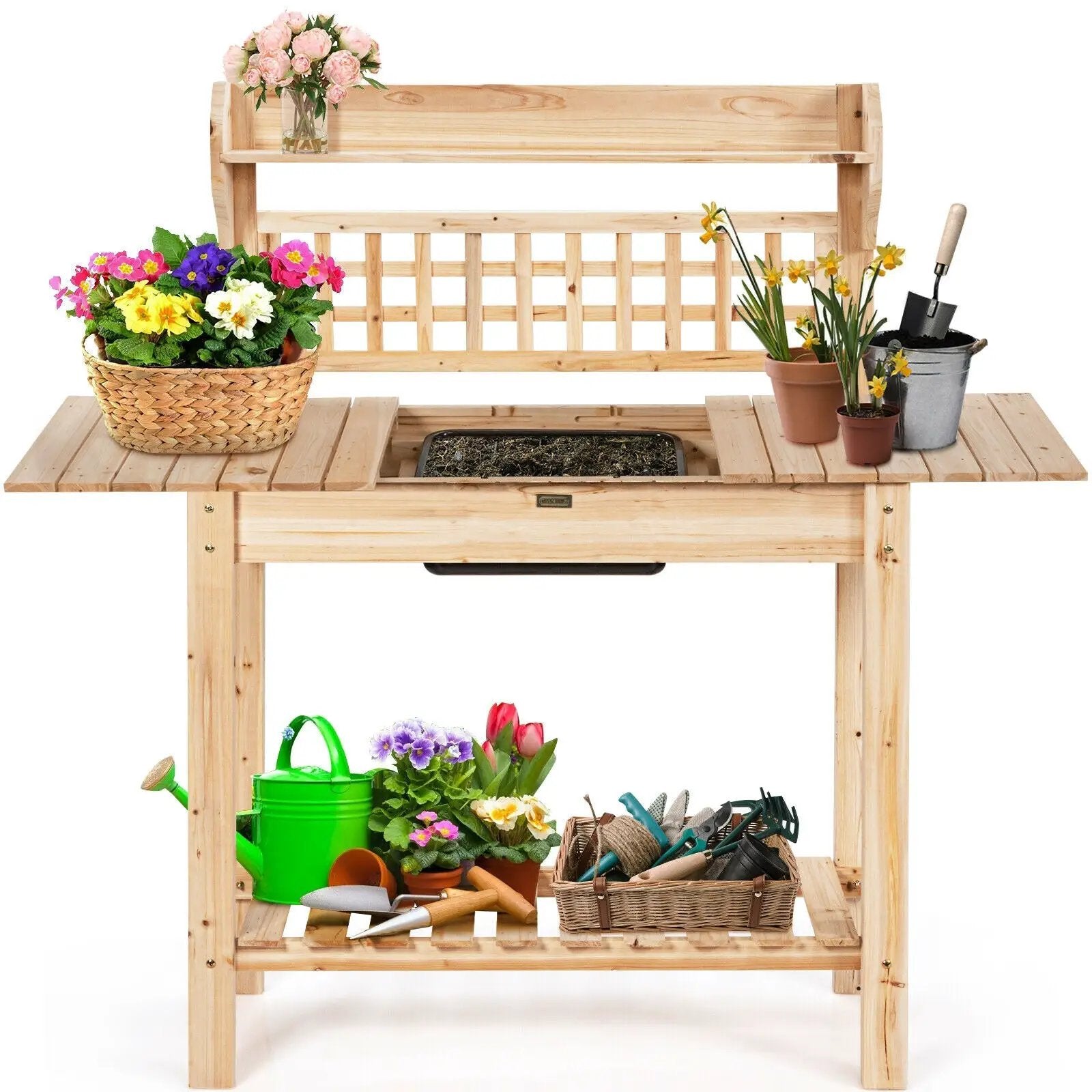 Garden Potting Bench Workstation Table with Sliding Tabletop Sink Shelves by DirectDeals