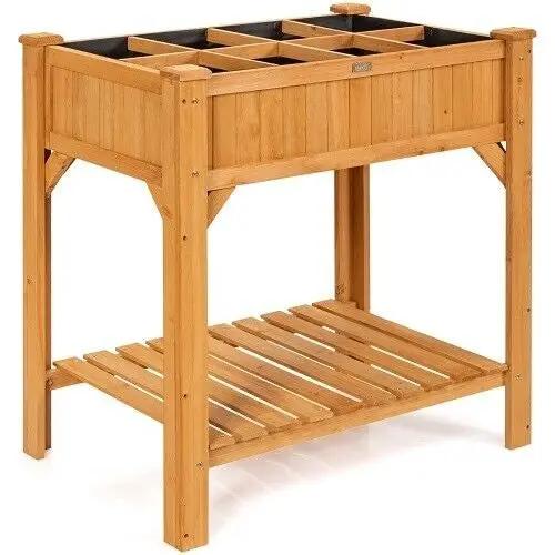 8 Grids Wood Elevated Garden Planter Box Kit with Liner and Shelf by DirectDeals