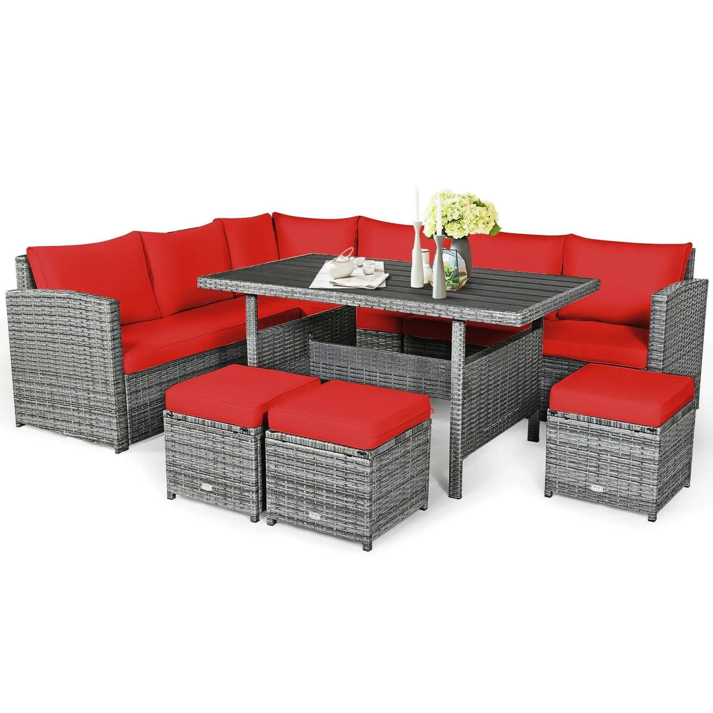 7 Pieces Patio Rattan Dining Furniture Sectional Sofa Set with Wicker Ottoman by DirectDeals