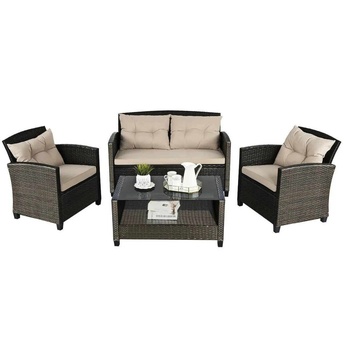4 Pieces Outdoor Rattan Furniture Set with Glass Table by DirectDeals