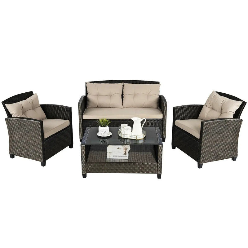 4 Pieces Outdoor Rattan Furniture Set with Glass Table by DirectDeals