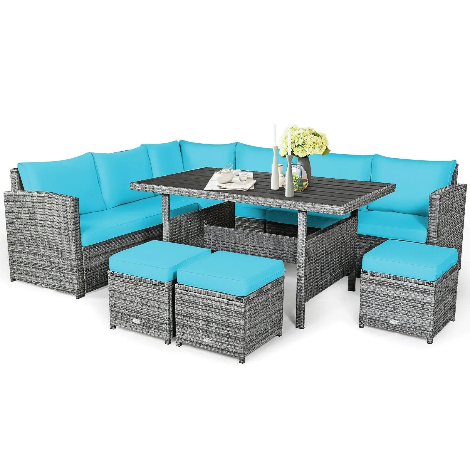 7 Pieces Patio Rattan Dining Furniture Sectional Sofa Set with Wicker Ottoman by DirectDeals