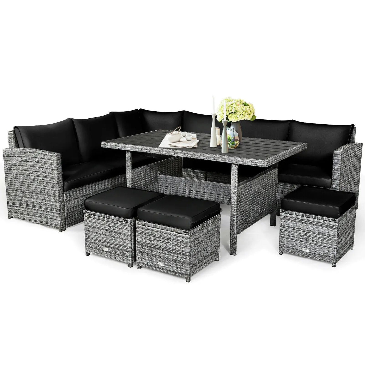 7 Pieces Patio Rattan Dining Furniture Sectional Sofa Set with Wicker Ottoman by DirectDeals