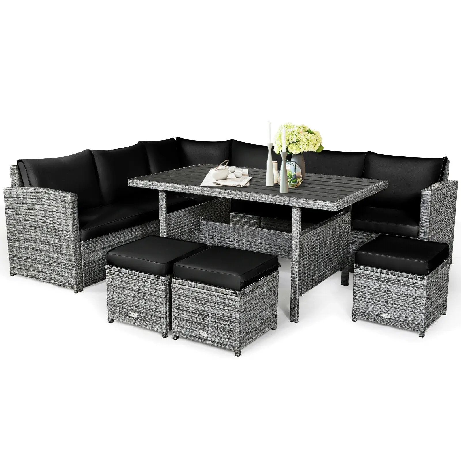 7 Pieces Patio Rattan Dining Furniture Sectional Sofa Set with Wicker Ottoman by DirectDeals