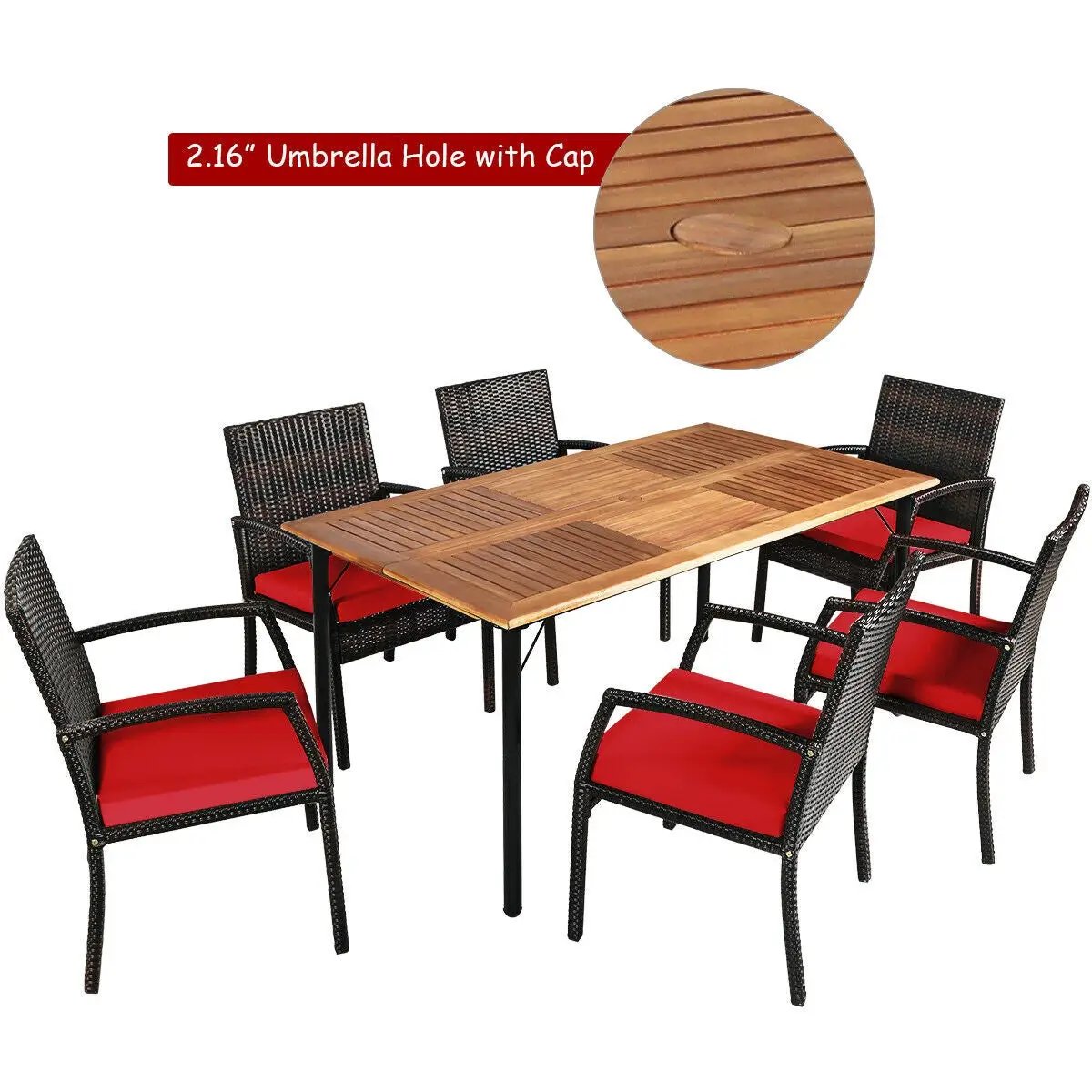 7Pcs Patio Rattan Cushioned Dining Set with Umbrella Hole by DirectDeals
