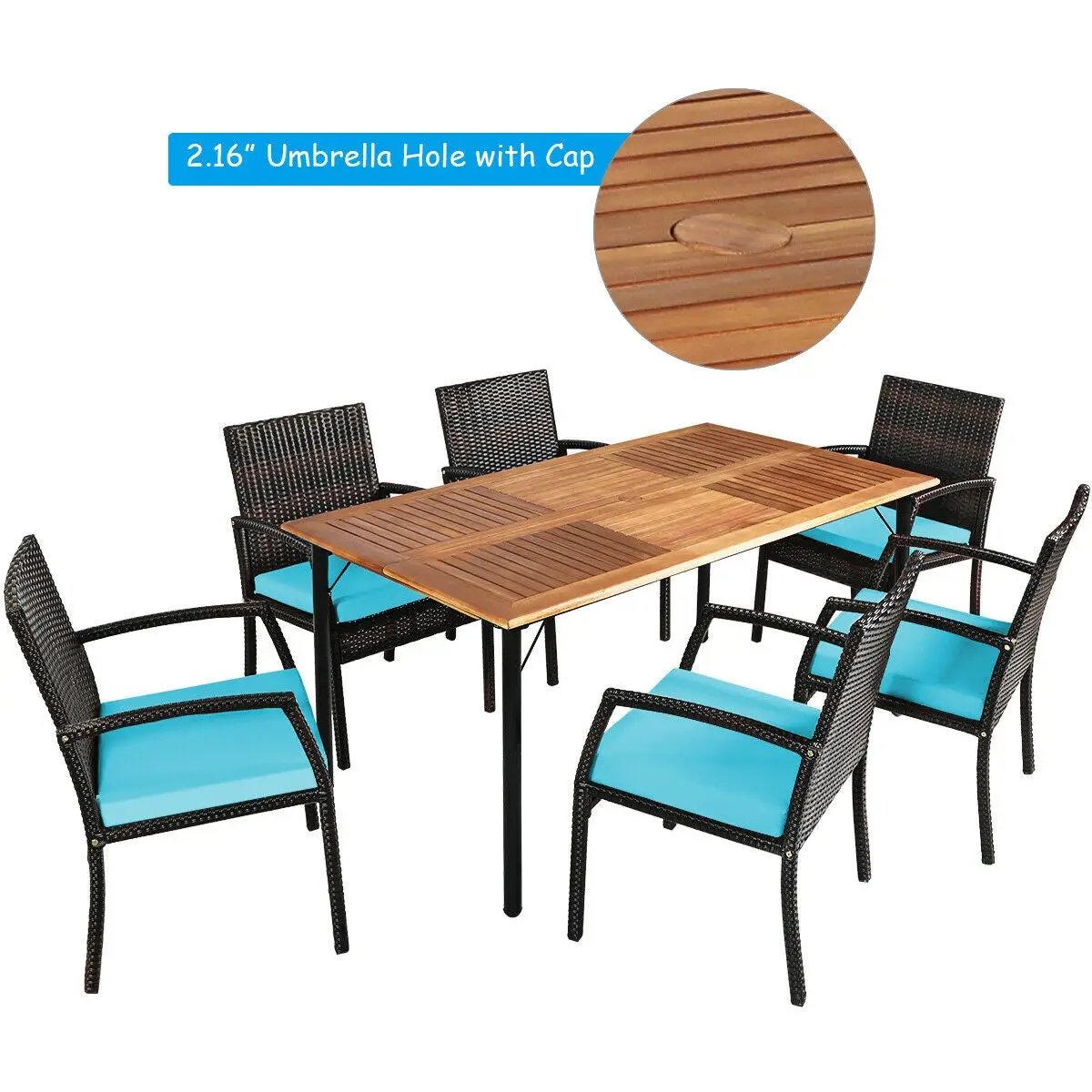 7Pcs Patio Rattan Cushioned Dining Set with Umbrella Hole by DirectDeals