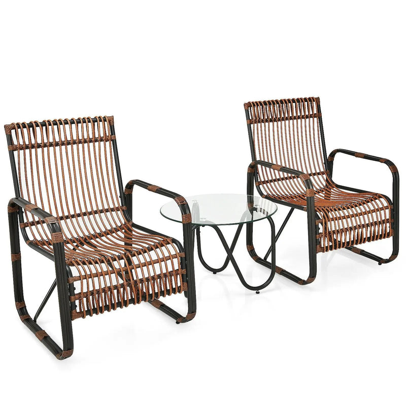 3 Pieces Patio Rattan Furniture Set with 2 Single Wicker Chairs and Glass Side Table by DirectDeals
