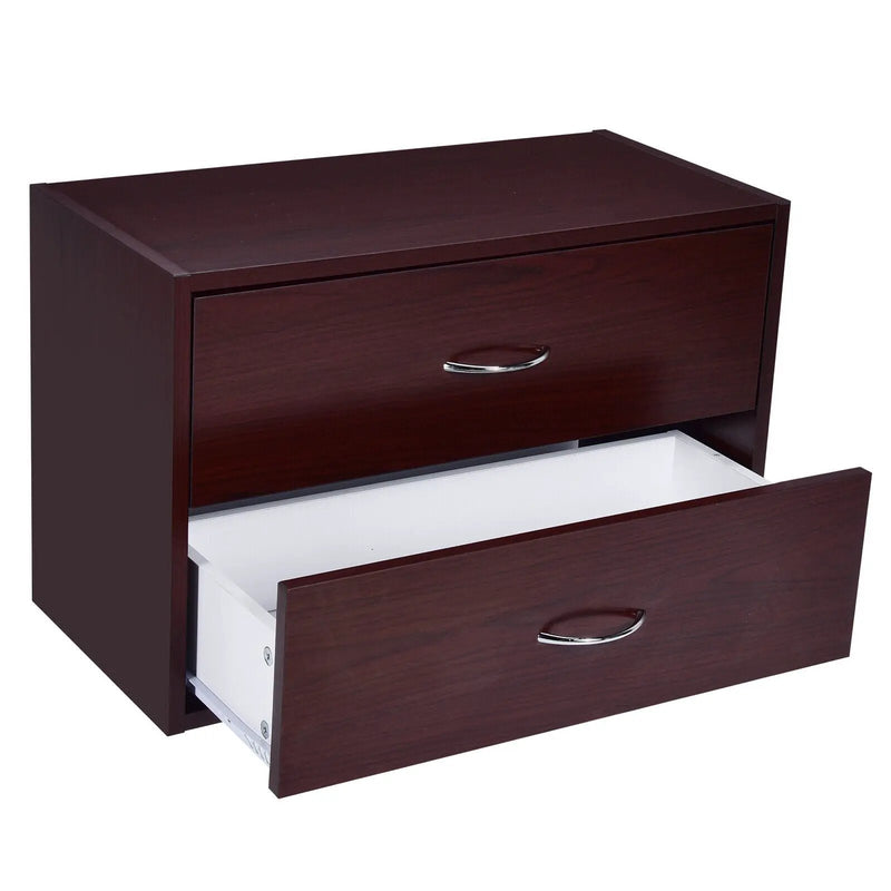 2-Drawer Dresser Horiztonal Organizer End Table Nightstand with Handle Wood-Brown by DirectDeals