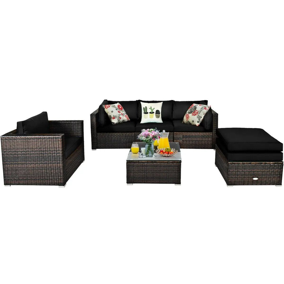 6 Pcs Patio Rattan Furniture Set with Sectional Cushion by DirectDeals