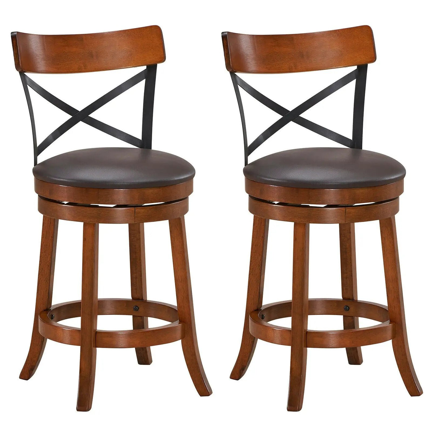 Set of 2 Bar Stools 360-Degree Swivel Dining Bar Chairs with Rubber Wood Legs by DirectDeals