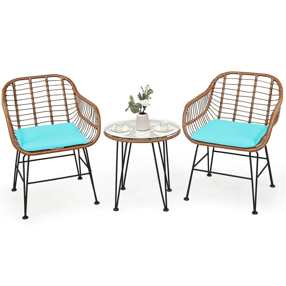 3-Piece Rattan Bistro Set with Cushions and Glass Table by DirectDeals