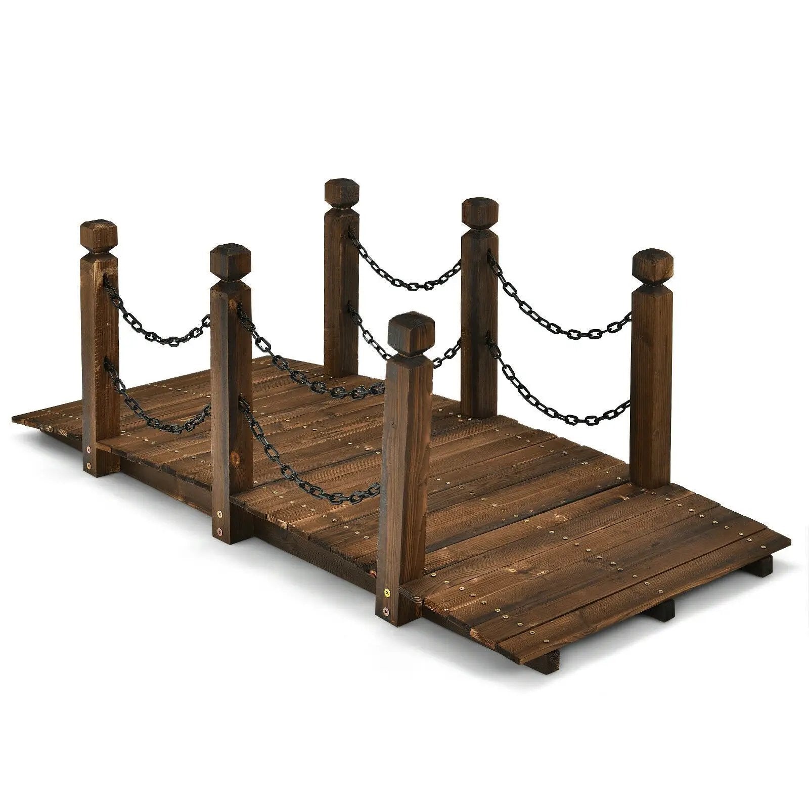 5 Feet Wooden Garden Bridge Arc Footbridge Stained Finish Walkway with Safety Rails by DirectDeals
