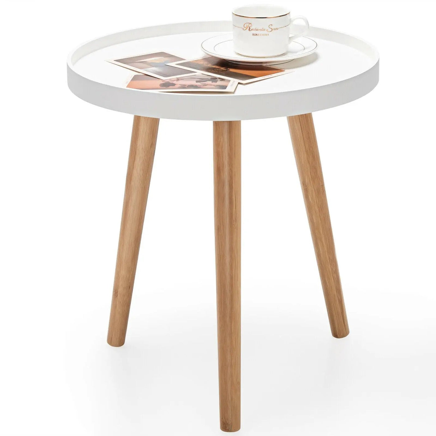 Mid Century Modern Round Side Sofa Coffee Table with Wooden Tray by DirectDeals