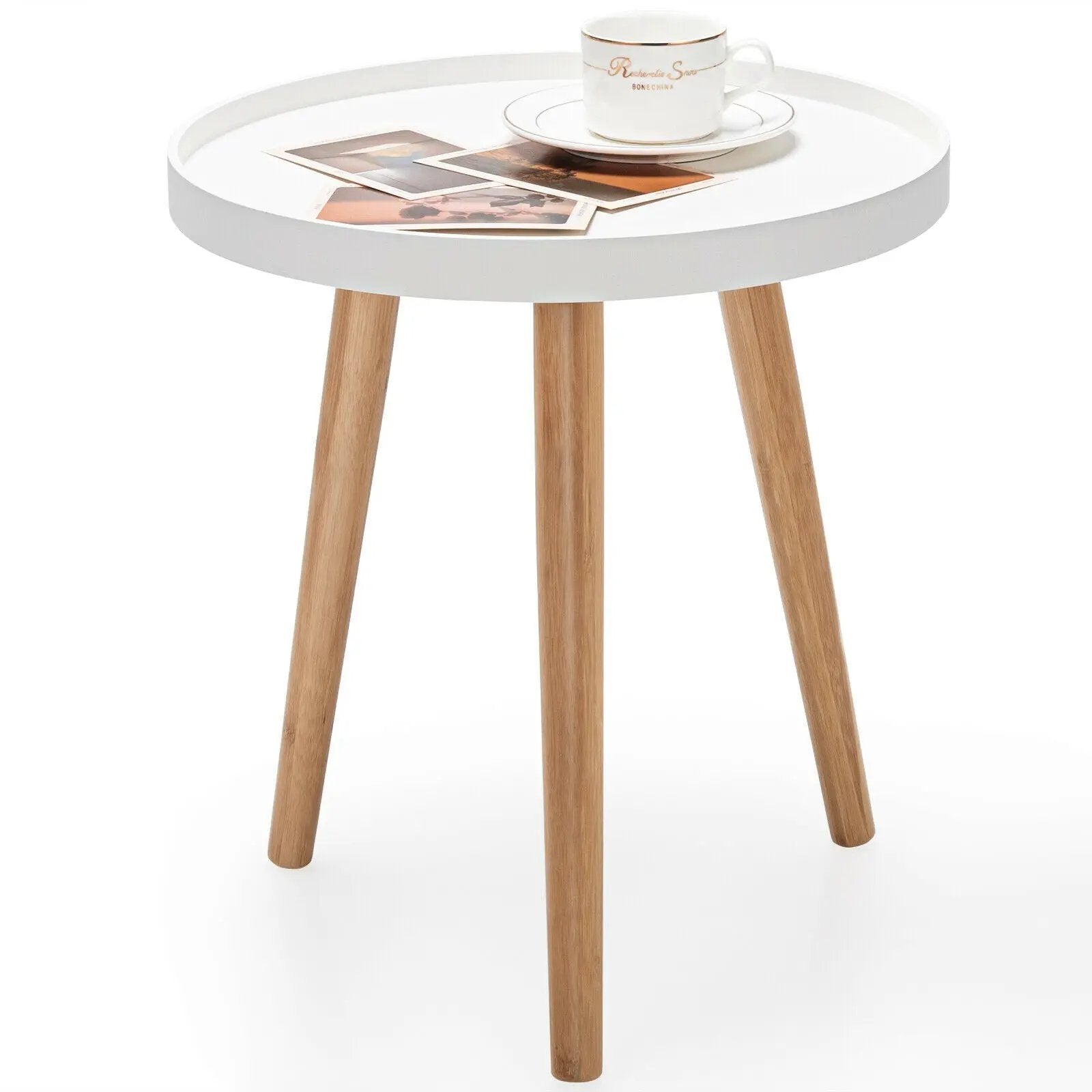 Mid Century Modern Round Side Sofa Coffee Table with Wooden Tray by DirectDeals