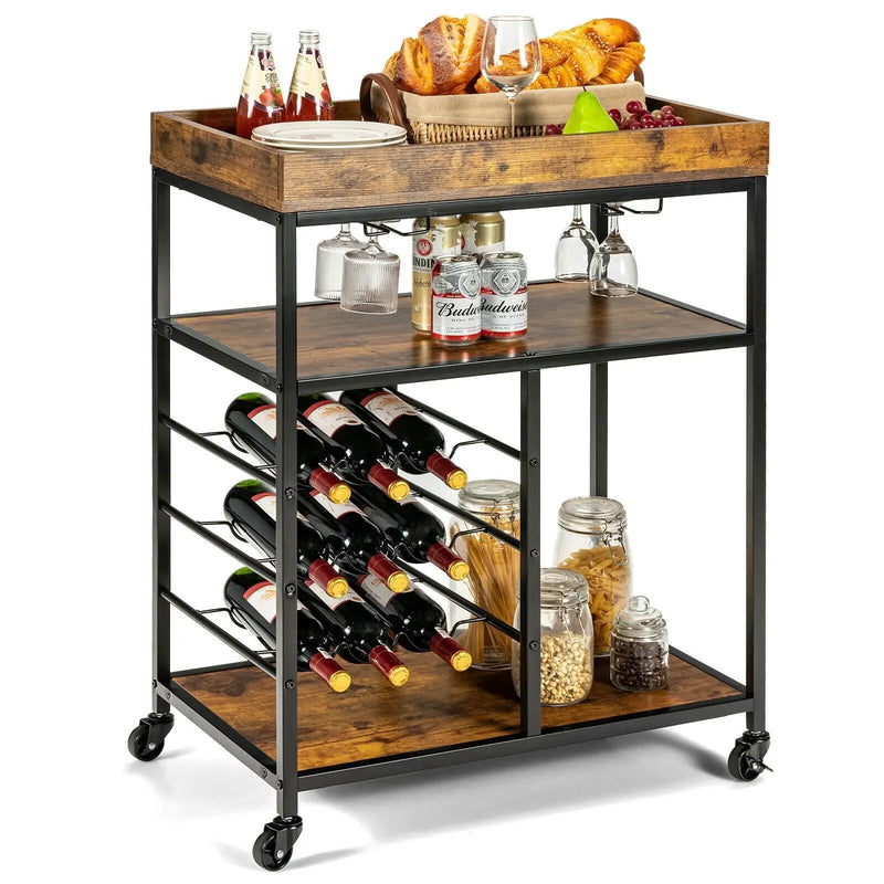 3-Tier Wood Rolling Kitchen Serving Cart with 9 Wine Bottles Rack Metal Frame-Rustic Brown by DirectDeals