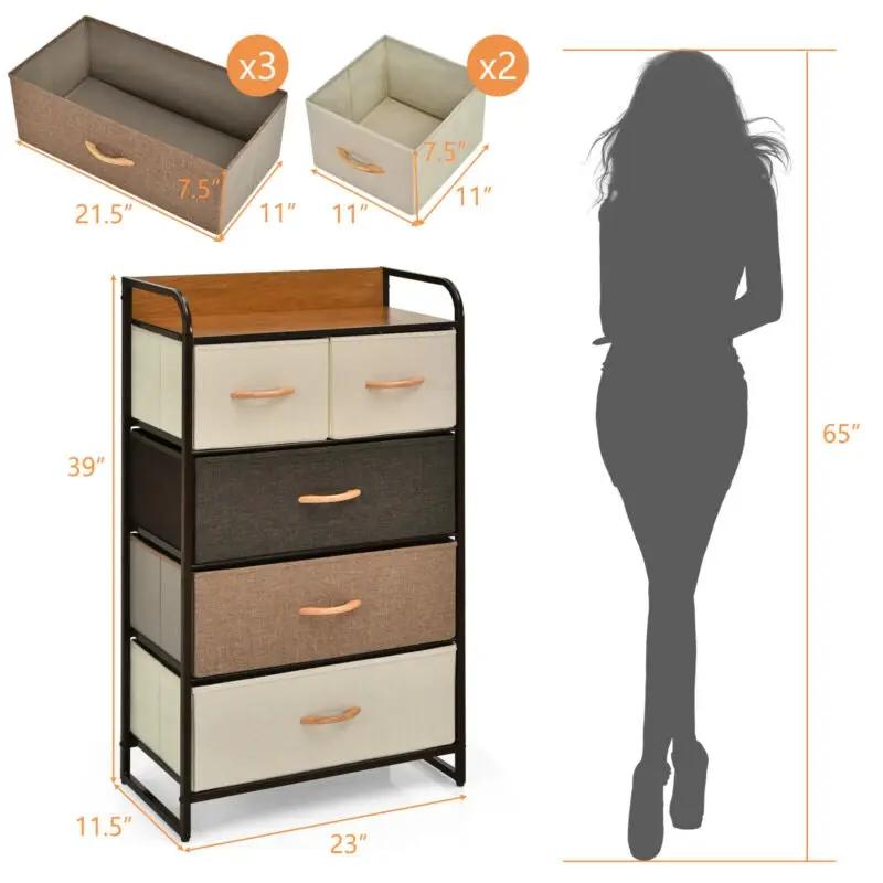 4-Tier Organizer Tower Steel Frame Wooden Top Storage with 5-Drawer Dresser by DirectDeals