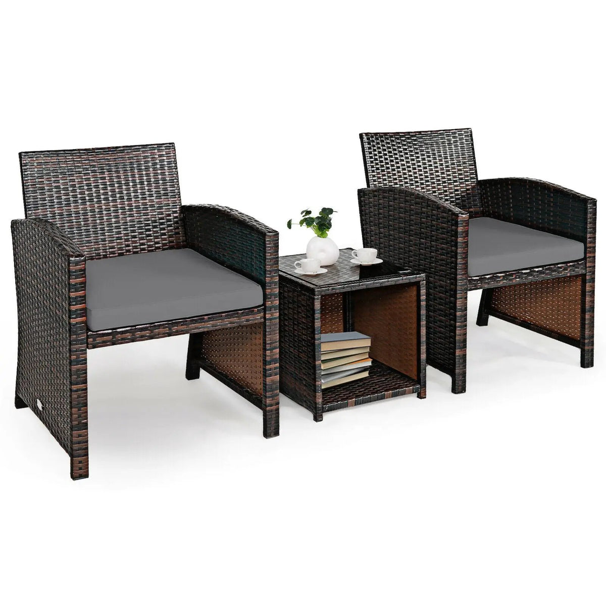 3 Pieces PE Rattan Wicker Furniture Set with Cushion Sofa Coffee Table for Garden by DirectDeals