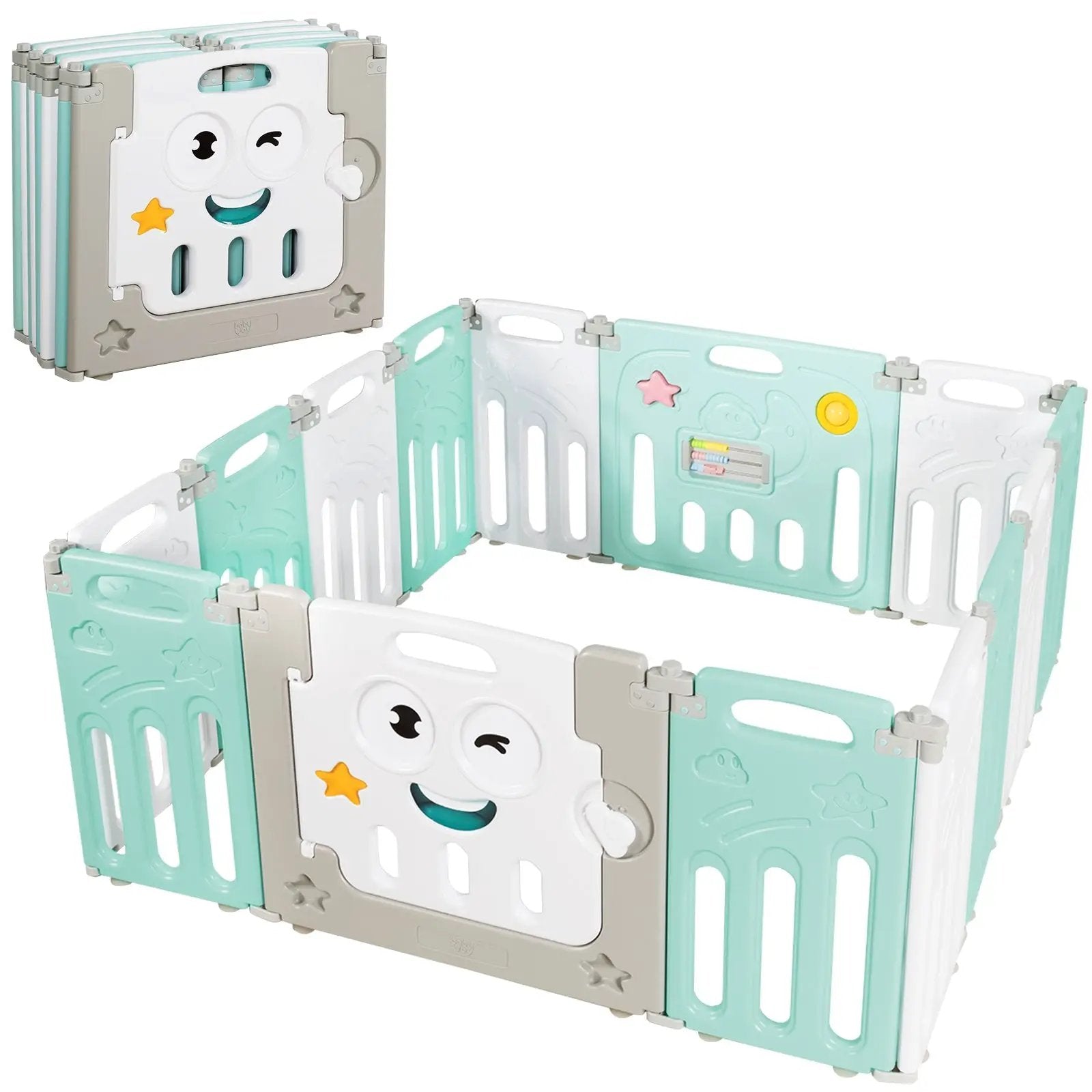 14-Panel Foldable Baby Playpen Kids Activity Centre-Green by DirectDeals