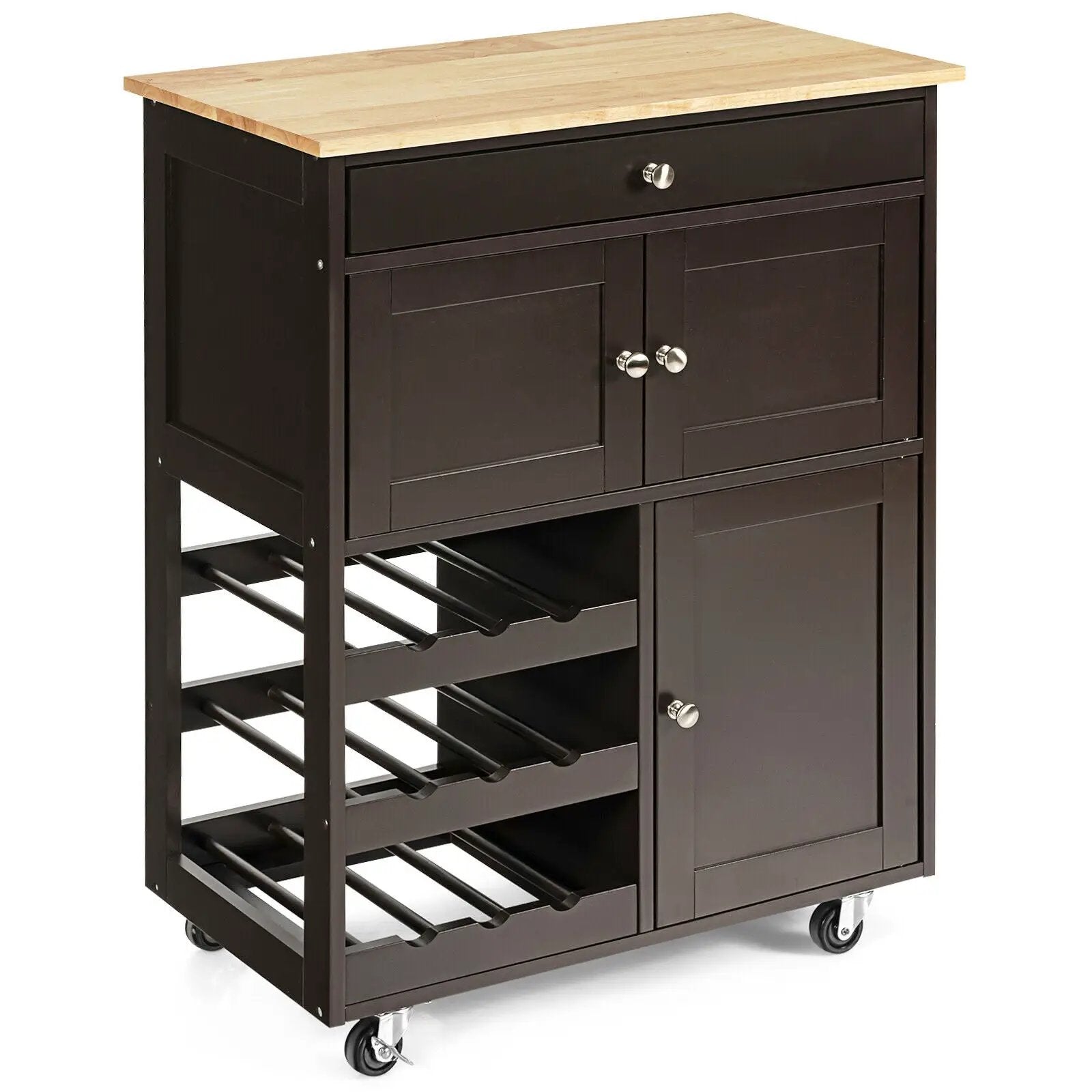 Kitchen Cart with Rubber Wood Top 3 Tier Wine Racks 2 Cabinets by DirectDeals