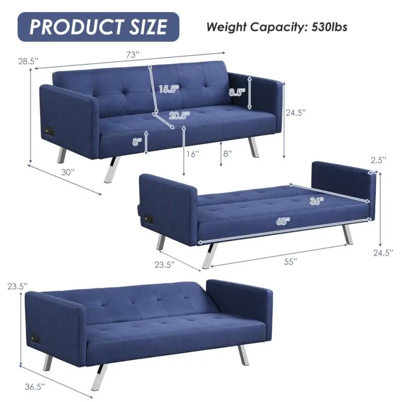 3 Seat Convertible Linen Fabric Futon Sofa with USB and Power Strip by DirectDeals