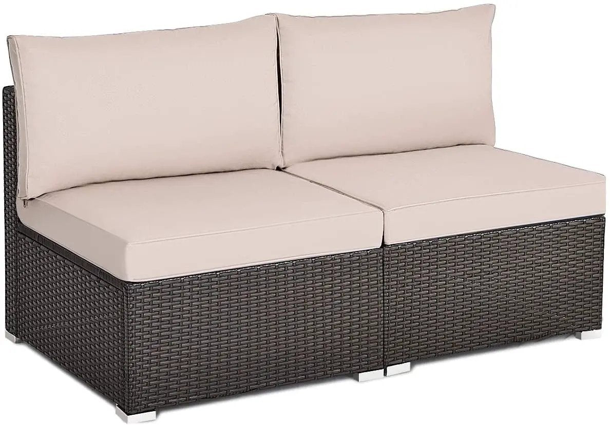 2 Pieces Patio Rattan Armless Sofa Set with 2 Cushions and 2 Pillows by DirectDeals
