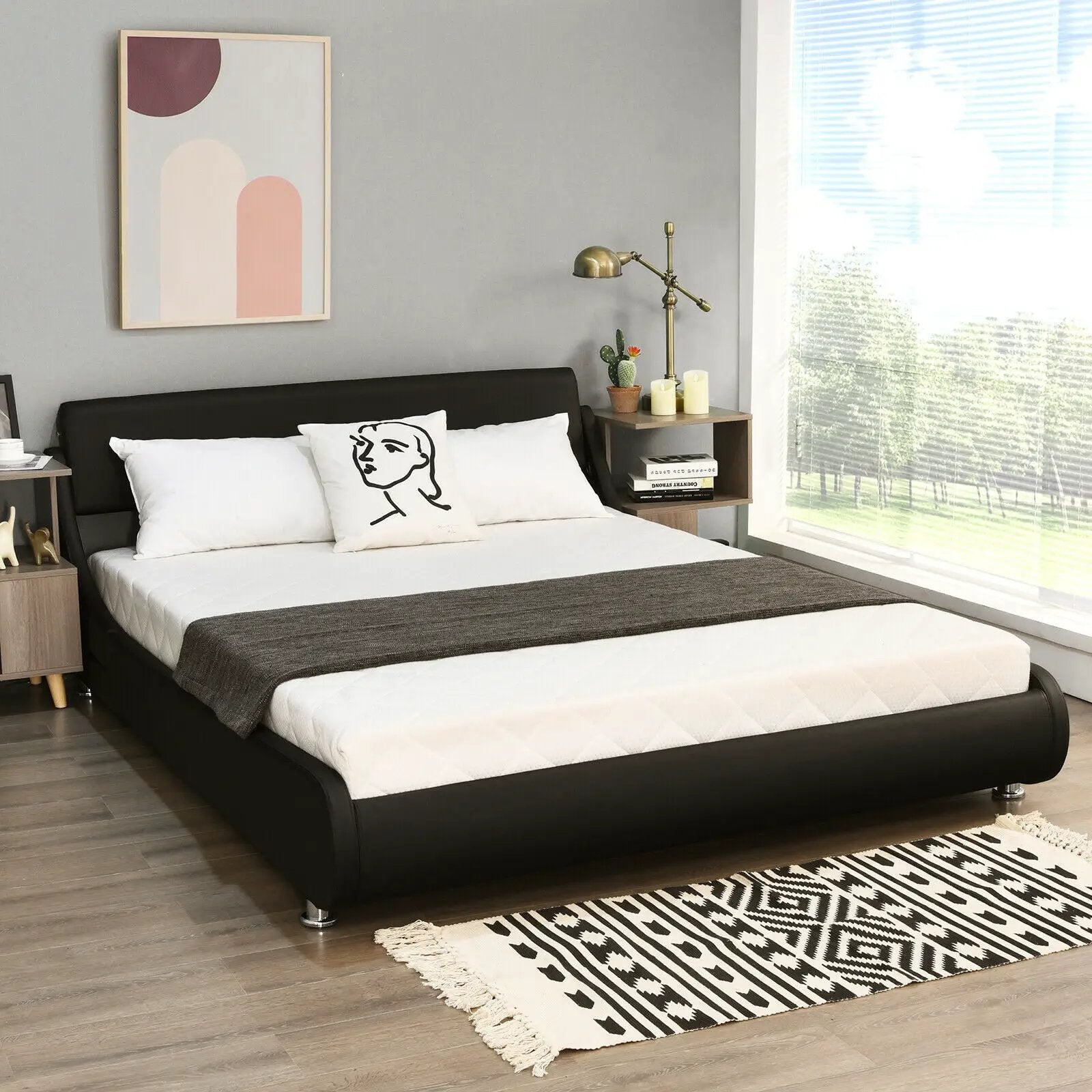 Queen Faux Leather Upholstered Platform Bed Frame Adjustable Headboard-Black by DirectDeals