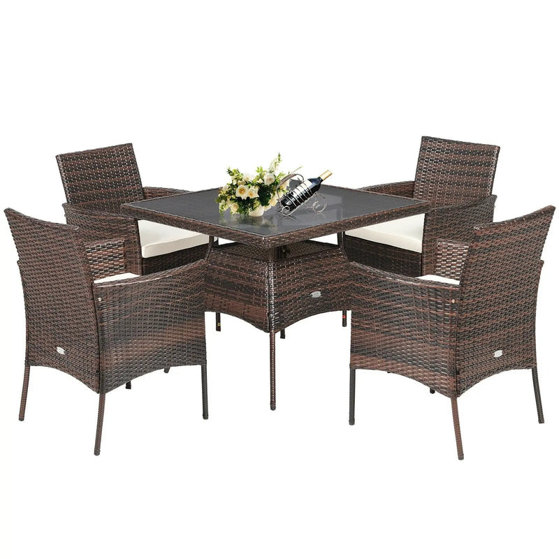 5 Pieces Patio Rattan Dining Furniture Set with Arm Chair and Wooden Table Top by DirectDeals