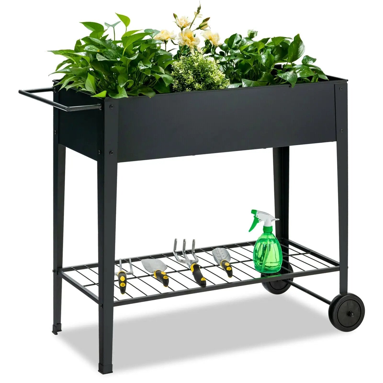 Raised Garden Bed Elevated Planter Box on Wheels Steel Planter with Shelf-Black by DirectDeals