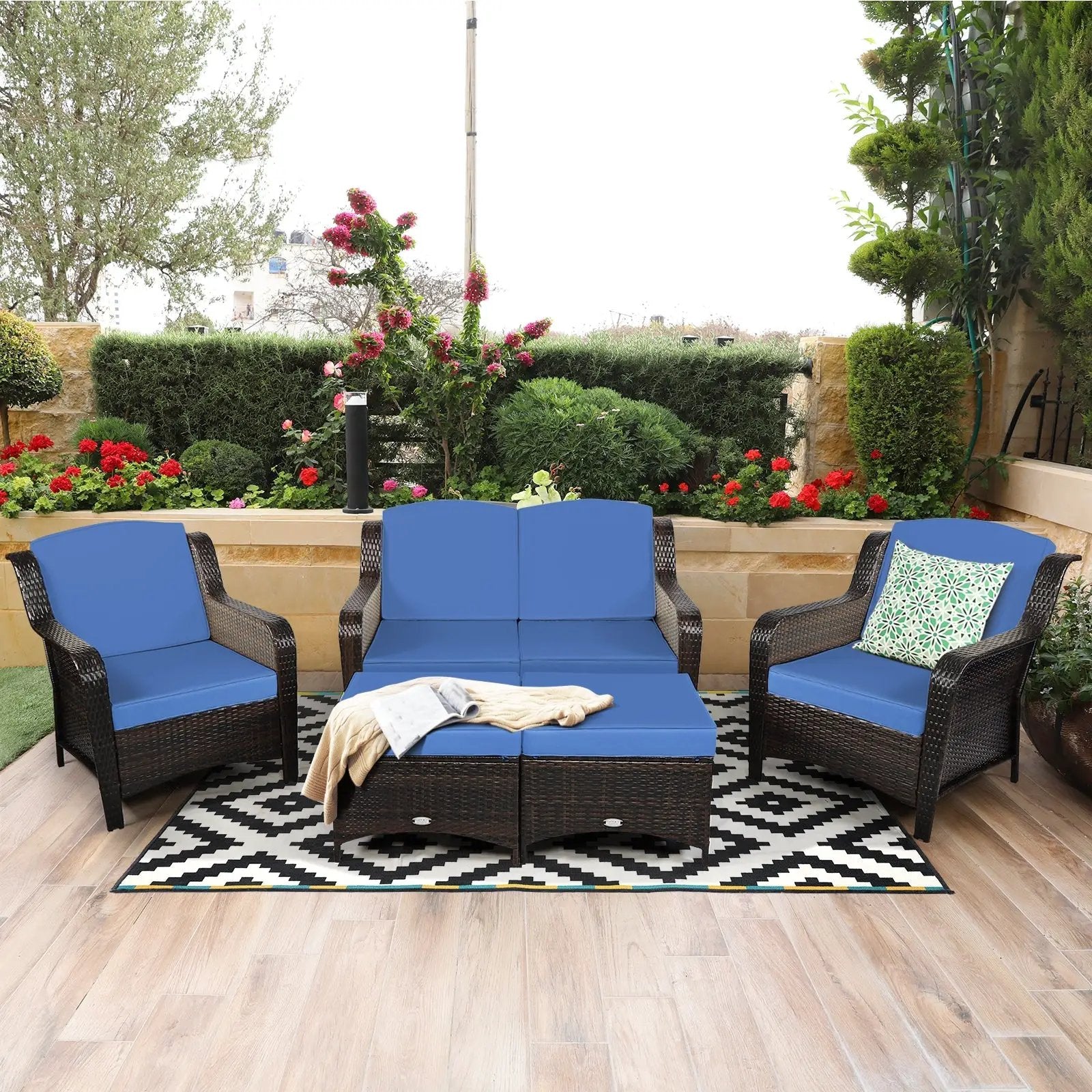 5 Pieces Patio Rattan Sofa Set with Cushion and Ottoman by DirectDeals