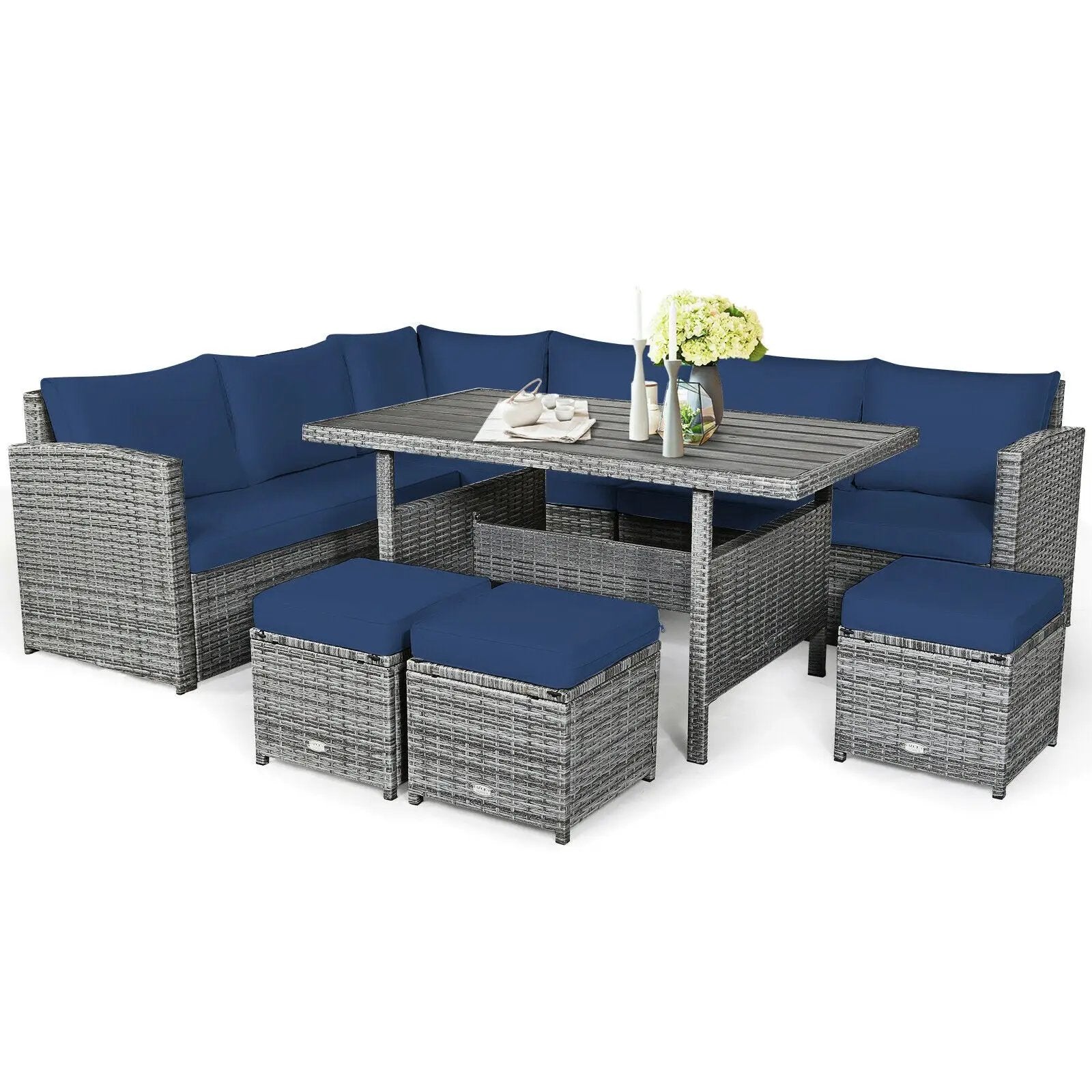 7 Pieces Patio Rattan Dining Furniture Sectional Sofa Set with Wicker Ottoman by DirectDeals