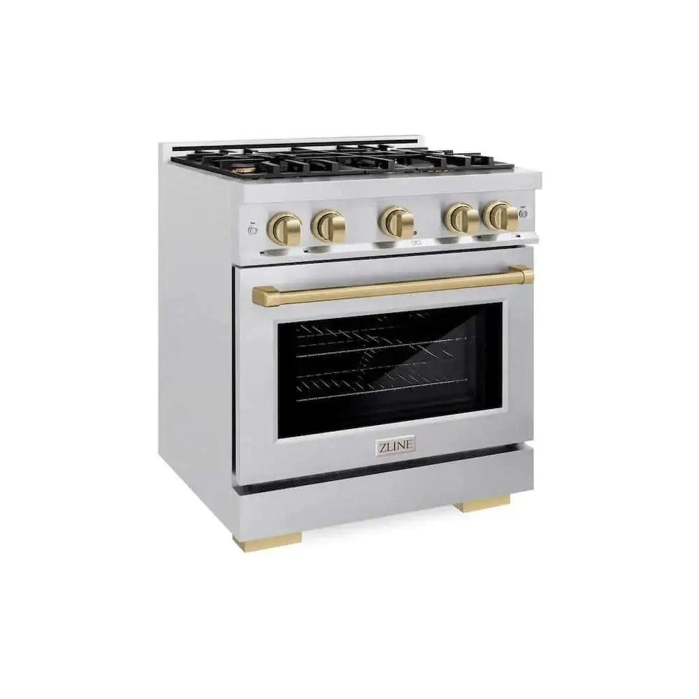 ZLINE 30" Select Dual Fuel Range Gas Cooktop Electric Convection Oven DuraSnow® Stainless Steel Champagne Bronze HDRSZ-30-CB by Farmhouse Kitchen and Bath