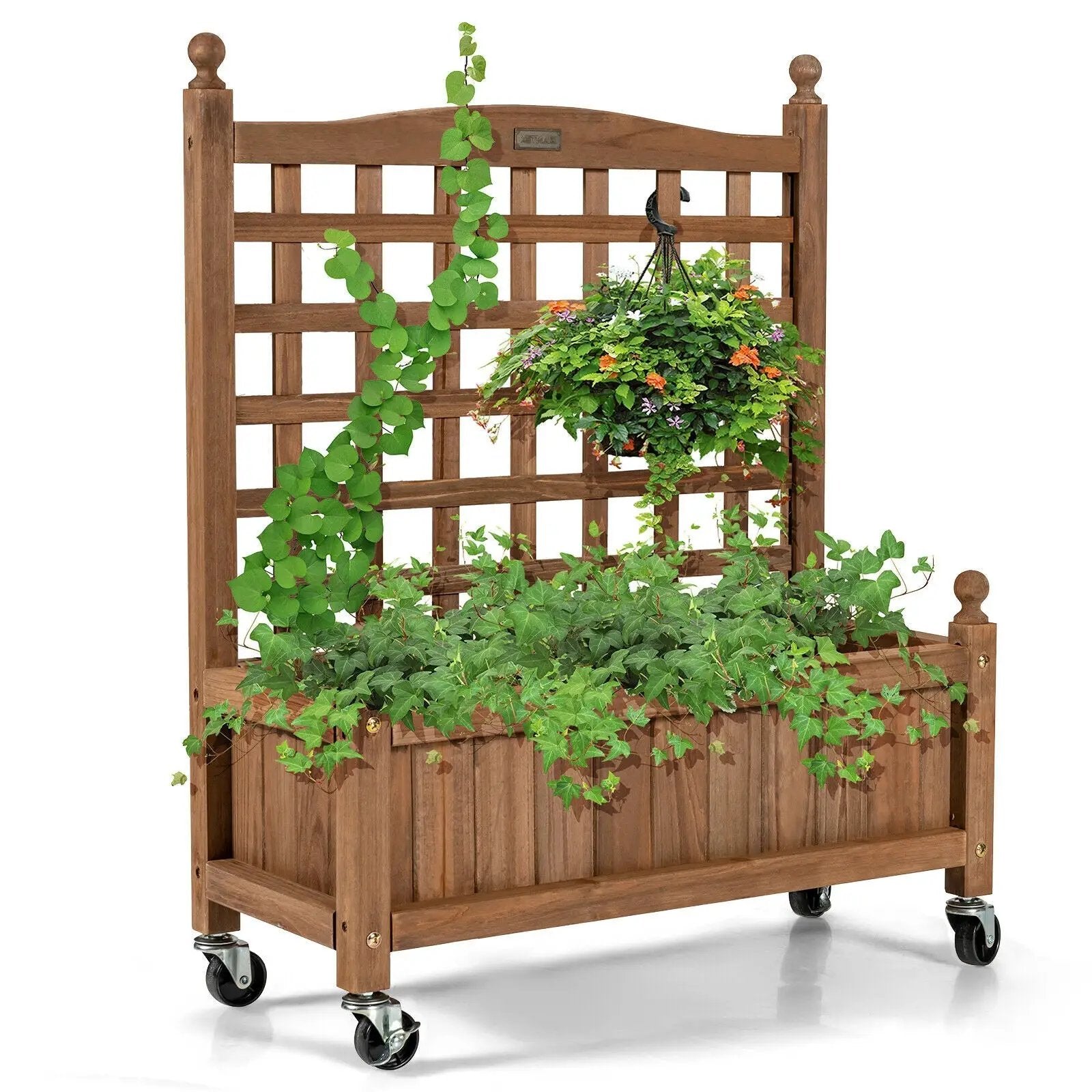 32in Wood Planter Box with Trellis Mobile Raised Bed for Climbing Plant by DirectDeals