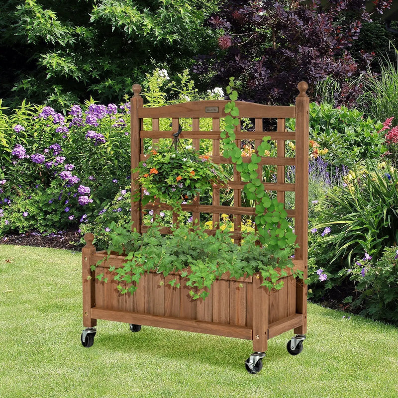 32in Wood Planter Box with Trellis Mobile Raised Bed for Climbing Plant by DirectDeals