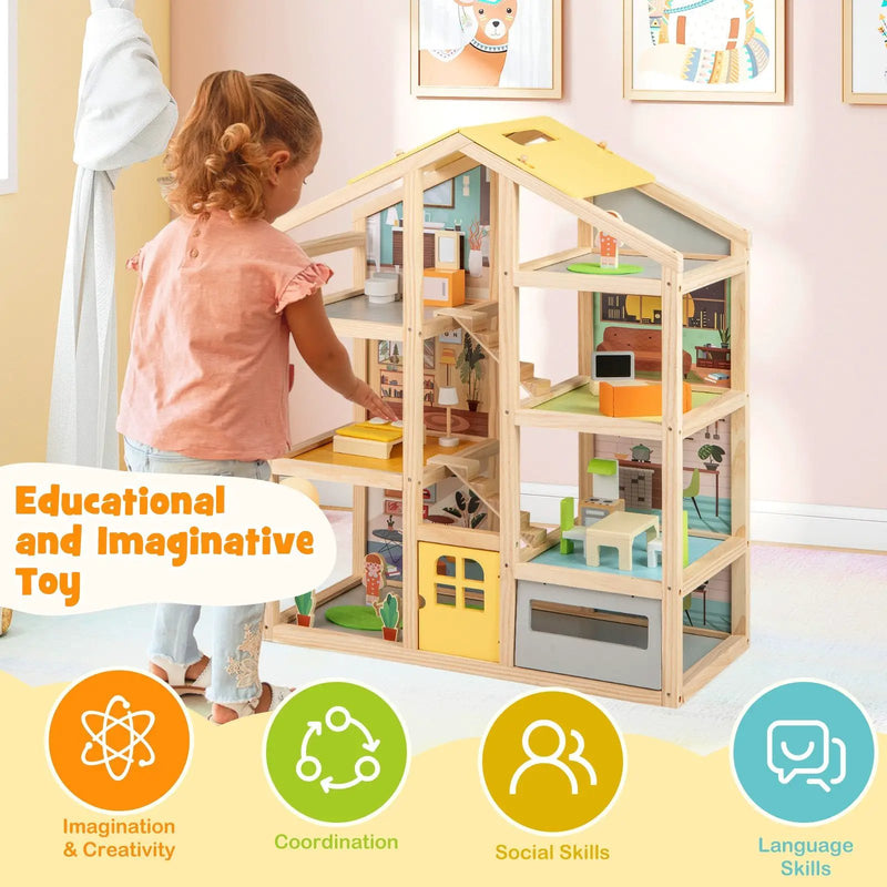 Wooden Dollhouse for Kids Modern Family Pretend Playhouse with Furniture Pieces and Figures-Natural by DirectDeals