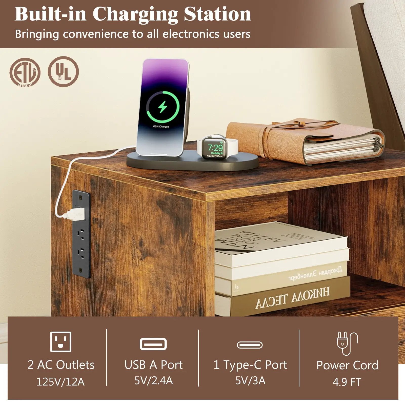 Nightstand with Charging Station and Drawer Sofa Side Table-Rustic Brown by DirectDeals