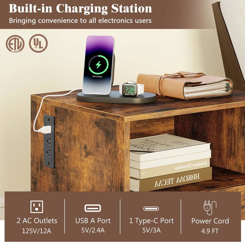 Nightstand with Charging Station and Drawer Sofa Side Table-Rustic Brown by DirectDeals
