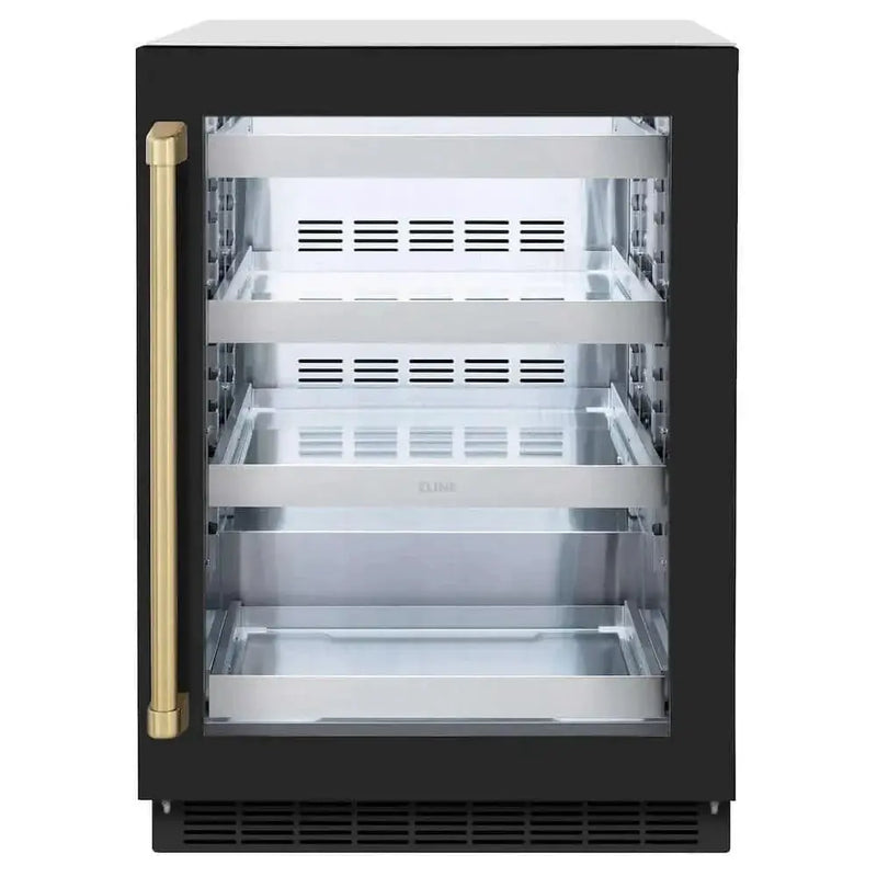 ZLINE 24" Touchstone 151 Can Beverage Fridge Black Matte Glass Door Champagne Bronze Handle RBSOZ-BLM-24-CB by Farmhouse Kitchen and Bath